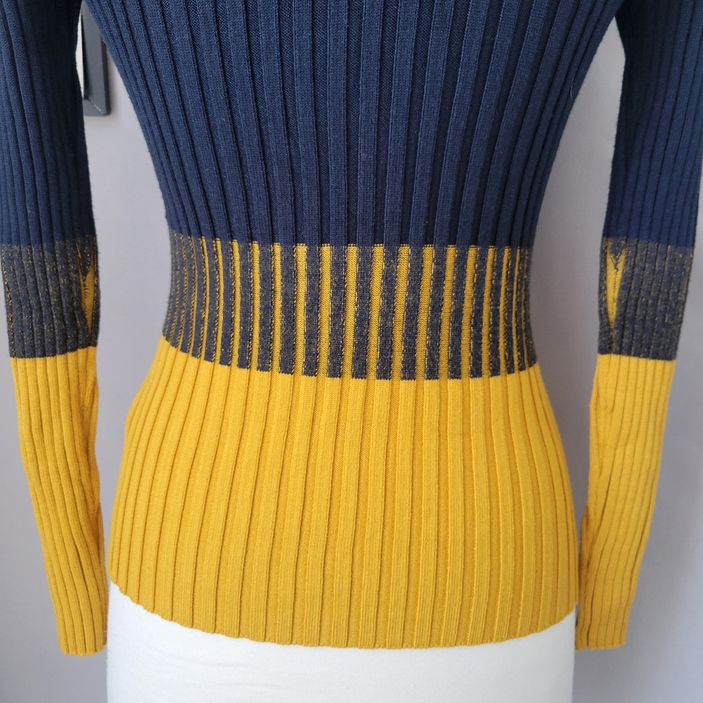 Karen Millen Ribbed Knit Color Block Sweater Top Blue Mustard S - Picture 9 of 12